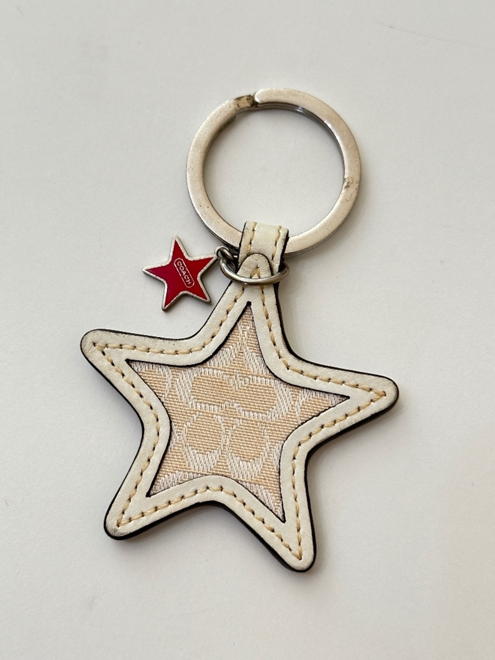 Coach Signature Star Keychain Bag Charm Ivory Canvas Leather Red Enamel Hangtag